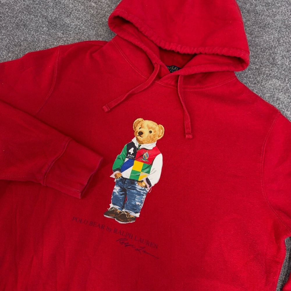 Polo Bear Hoodie Men Large Red Ralph Lauren Graphic Print Fleece 2000 Y2K